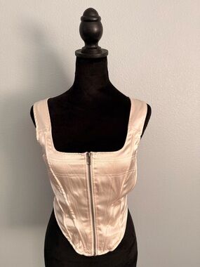 Satin Zip-Front Corset Tank Top in Cream